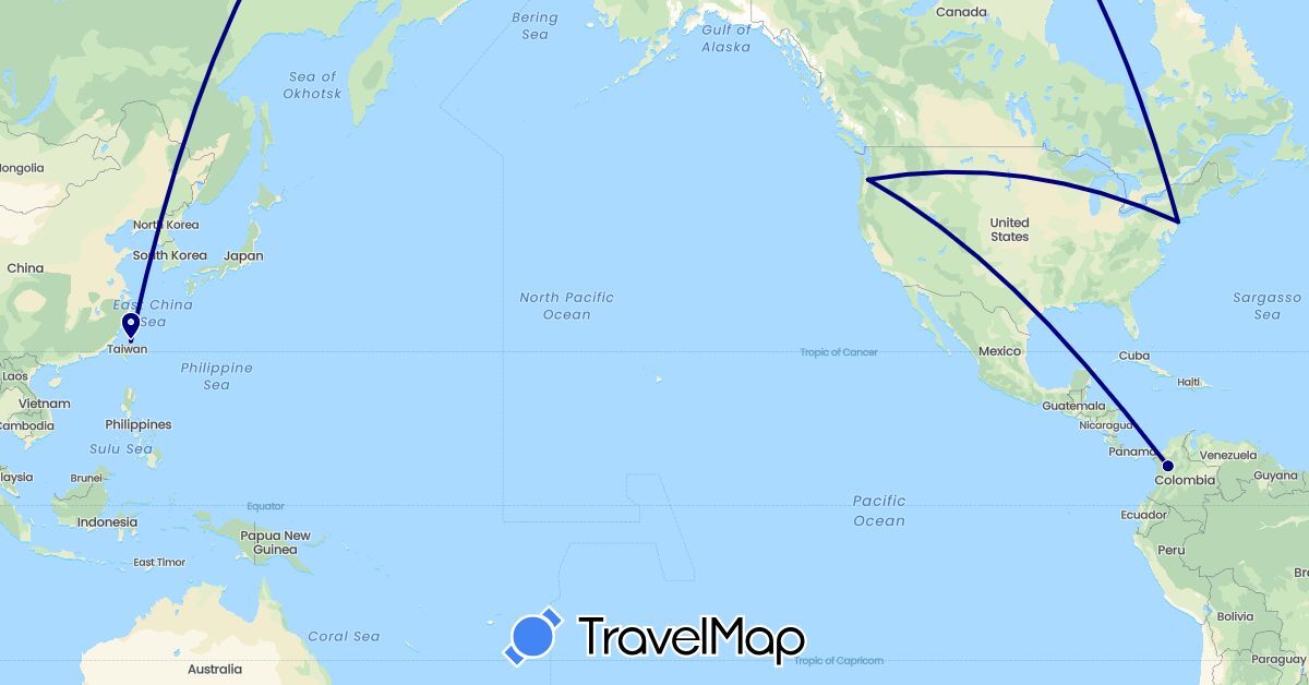 TravelMap itinerary: driving in Colombia, Taiwan, United States (Asia, North America, South America)